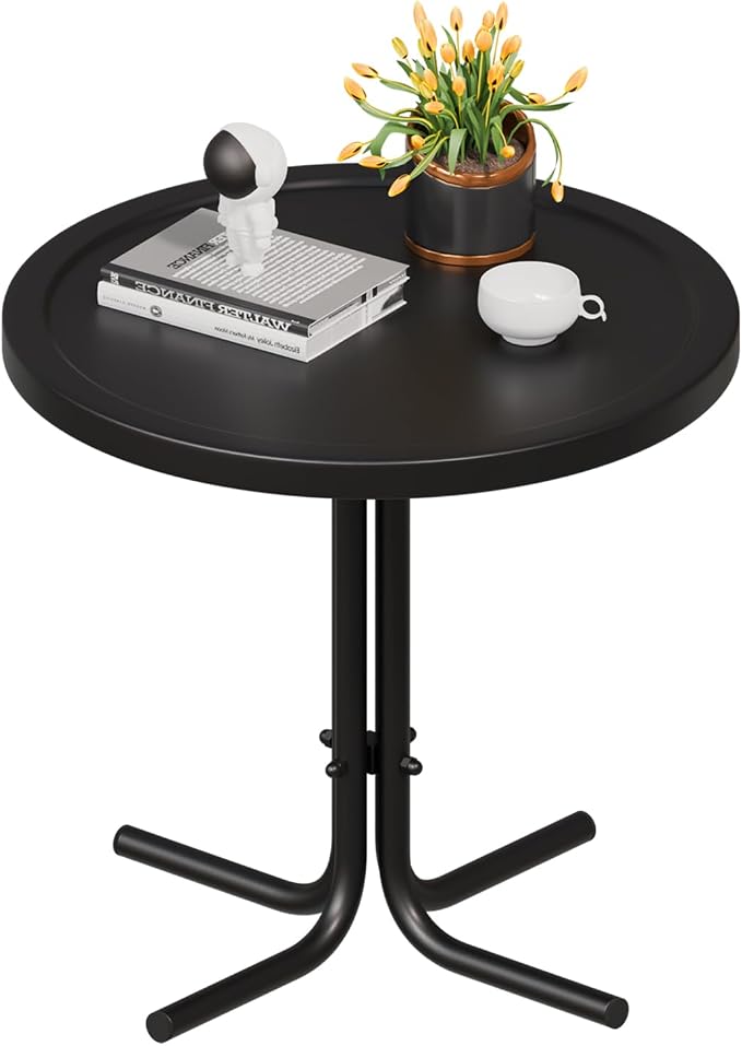 VINGLI Outdoor Side Table, Round Metal Patio Side Table End Table for Garden, Balcony, Porch and Living Room, Black