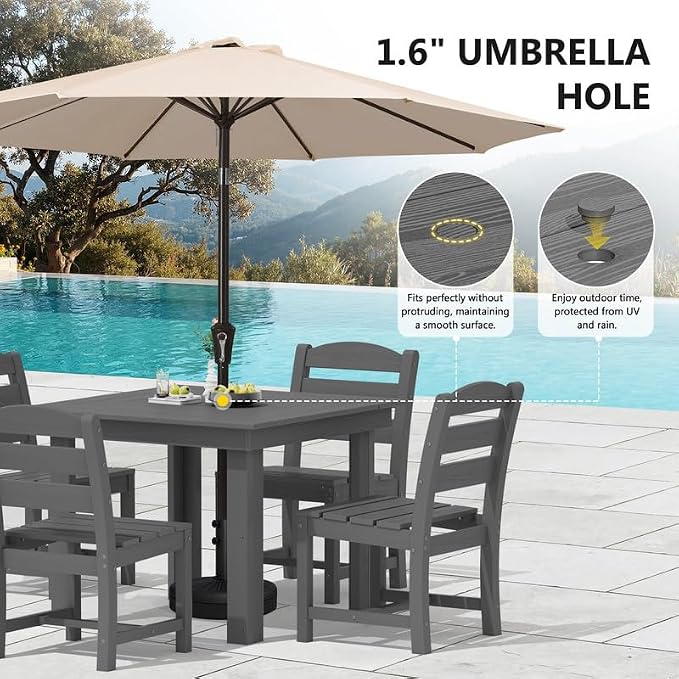 KINGYES 5-Piece HDPE Outdoor Dining Set for 4, Square Patio Table & Armless Chairs with Umbrella Hole, All-Weather Patio Dining Set for Backyard, Garden, Lawn & Poolside, Gray