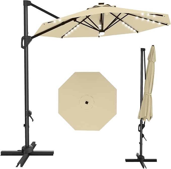 GarveeLife 10FT Patio Umbrella Outdoor Solar LED Large Cantilever Umbrella Market Sun Shade Windproof Offset Umbrella with 360-Degree Rotation for Garden Deck Pool Patio