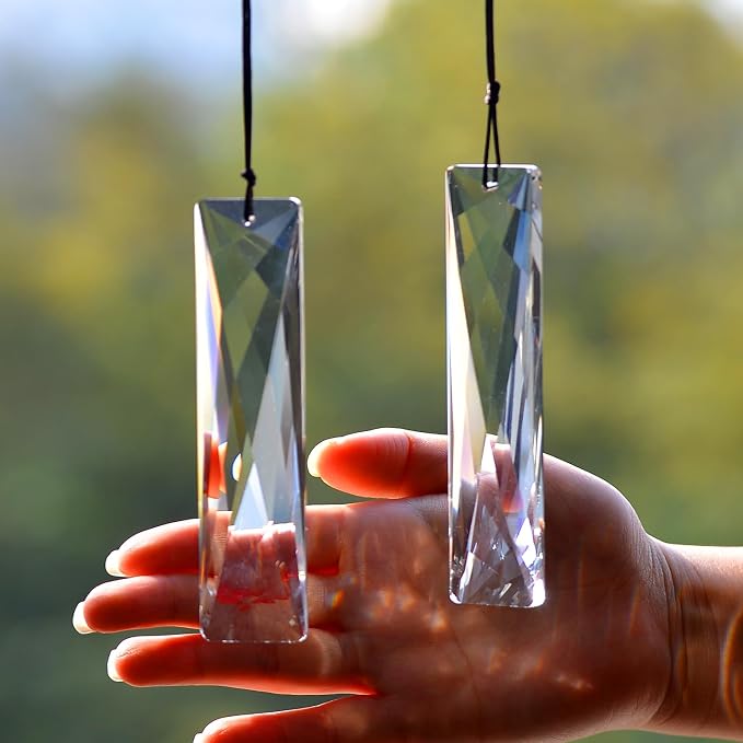 2PCS Long Crystal Suncatcher Prisms for Windows (Net Rec Clear) | Clear, Transparent, K9 Glass, Rainbow Maker, with Hooks & Cord