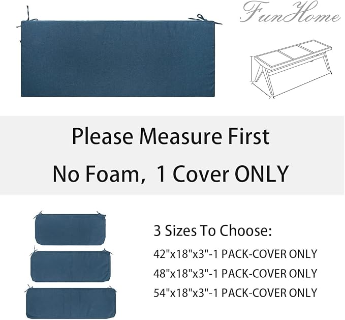 FUNHOME Outdoor Bench Cushion Cover 42 x18 x 3 inch,Water Resistant Cover with Zipper&Ties,Fade-Resistant Slipcover,Patio Porch Swing Cushion Cover Replacement Only,No Insert(Denim Blue)