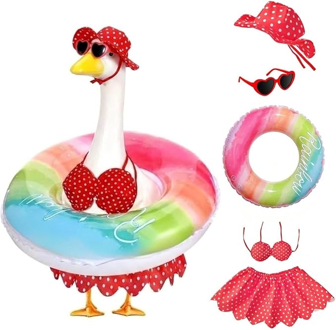Bikini Porch Goose Outfits,Porch Goose Summer Outfits Swimsuit with Hat Sunglasses & Swim Ring,Fit 23'' Lawn Goose Statue for Summer Outdoor Garden Lawn Yard Decor (Swimsuit-red)
