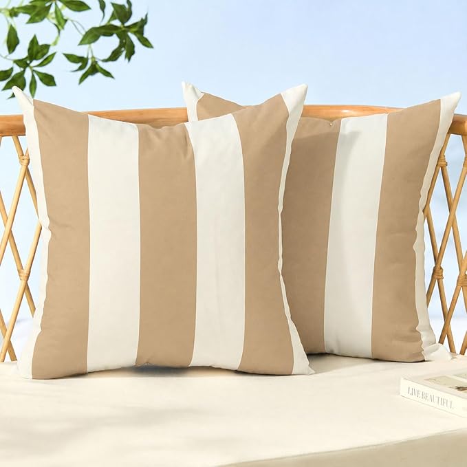 Allorry Outdoor Pillow Covers 20x20 Light Brown Striped Outdoor Decor 07L20 | Striped Pillow Covers|for Spring Summer Outdoor Waterproof Garden Patio Furniture Sofa Bed Home Decor