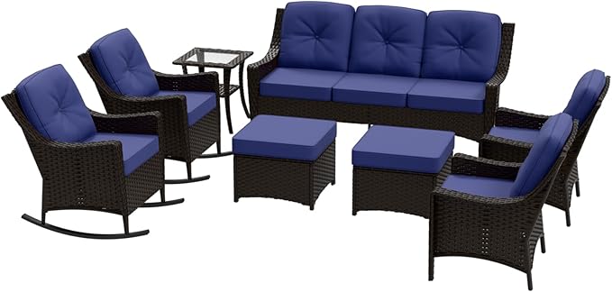 Stone Creek Outdoor Furniture Set with Rocking Chairs, Patio Chairs, 3 Seater Couch, Side Table & Ottomans, Wicker Patio Conversation Set, Balcony Furniture, 8 Piece, Brown/Blue