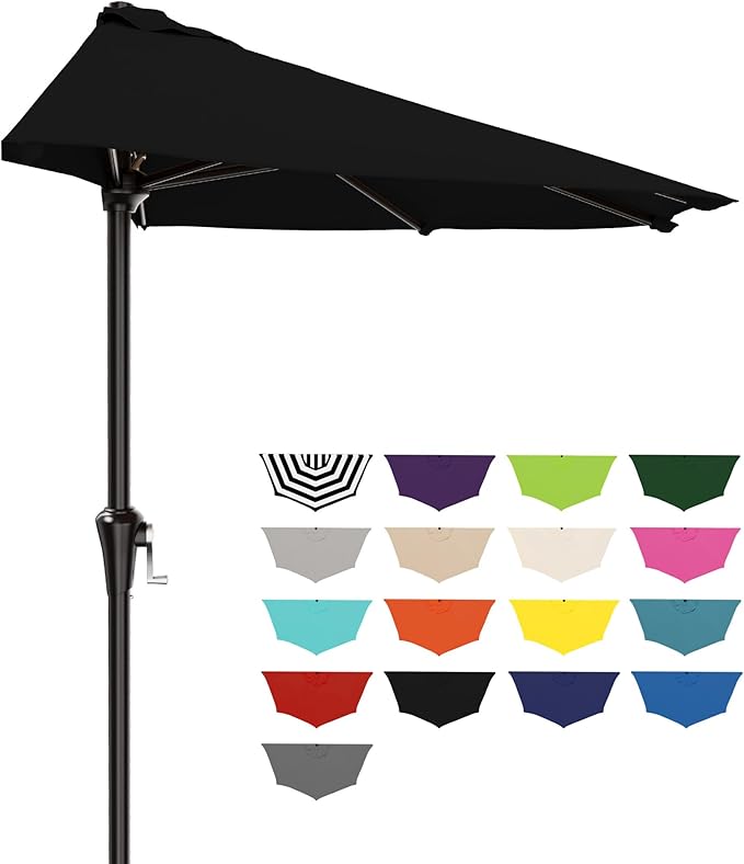 AreShark 9FT Half Patio Umbrella, Outdoor Wall Umbrella with Crank & 5 Sturdy Ribs, Table 1/2 Umbrella Patio for Garden, Deck, Balcony and Pool, Black