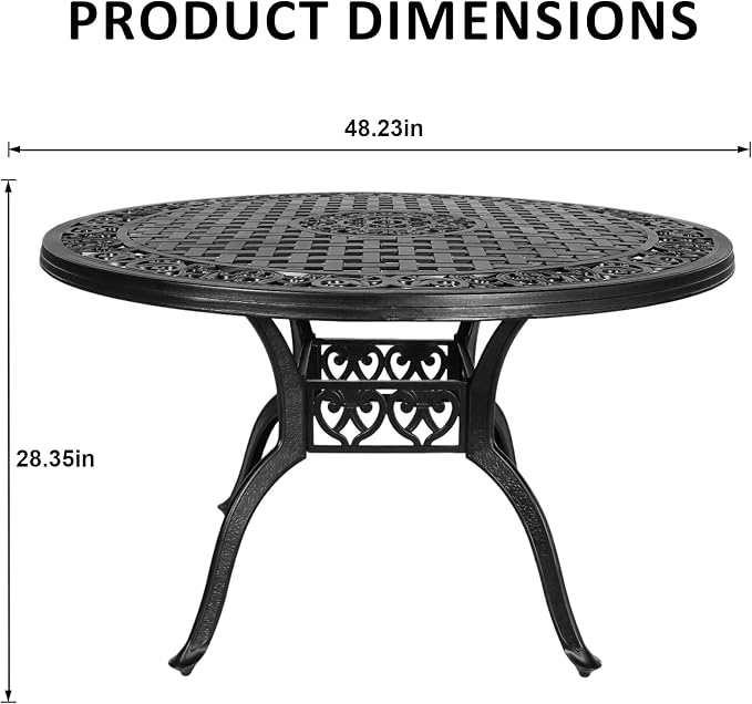48" Cast Aluminum Outdoor Dining Table,Dining Conversation Side Table, Patio Bistro Table with 2.36" Umbrella Hole for Backyard, Garden, Patio, Porch