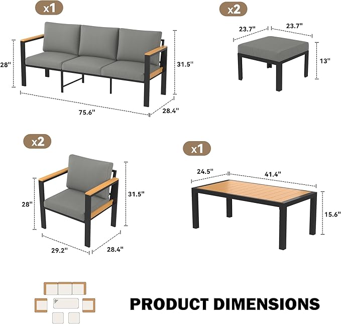 HOMREST Aluminum Patio Furniture Set with Coffee Table, 7 Seat Oversized Outdoor Sectional with Washable Thick Cushions, Patio Conversation Set with Special Wide Armrest and Deep Seat, Gray