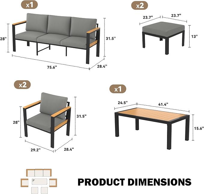 HOMREST Oversized Patio Furniture Set Ottoman with Coffee Table, 2-Piece Aluminum Footstool w/Removable Cushion, Multipurpose Footrest Additional Seating, Set of 2 for Patio Deck (Gray)
