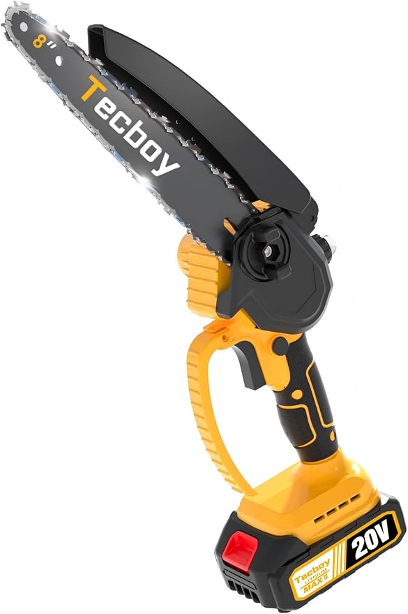 8 Inch Mini Electric Chainsaw Cordless, 6 Inch Portable Chain Saw for Makita 18V Battery Powered Saws Small HandHeld Saw with 2 Batteries Yard Tool Tree Trimming Wood Cutting Gifts Men Dad(GoldYellow)