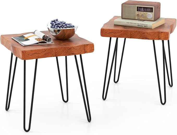 Giantex Teak Wood End Table, Solid Live Edge Outdoor Side Table w/Natural Grain & Heavy-Duty Metal Legs, Rustic Plant Stand for Living Room Patio Balcony, 16" x 16" x 18" (2, Square)