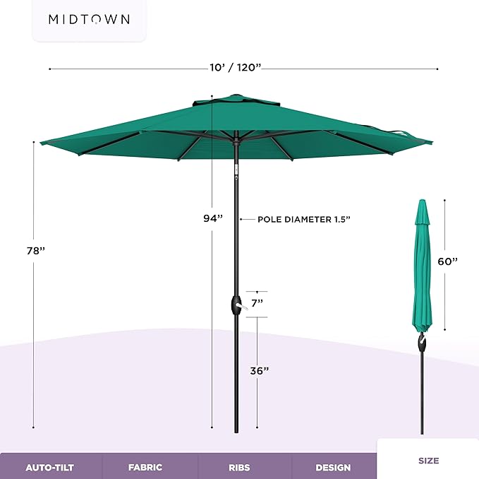 Midtown Umbrellas - The Lean 10 Ft Patio Umbrella with Fade-Resistant Sunbrella Fabric, Auto-Tilt Aluminum Frame and 8 Reinforced Ribs for Deck, Pool & Garden - Canvas Glacier Canopy, Black Pole