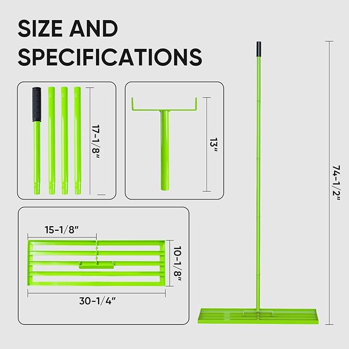 Lawn Leveling Rake 30"x10" - Stainless Steel with Adjustable 30"-74" Handle, Anti-Flipping Lawn Tool for Garden, Farm, Backyard, Golf Course