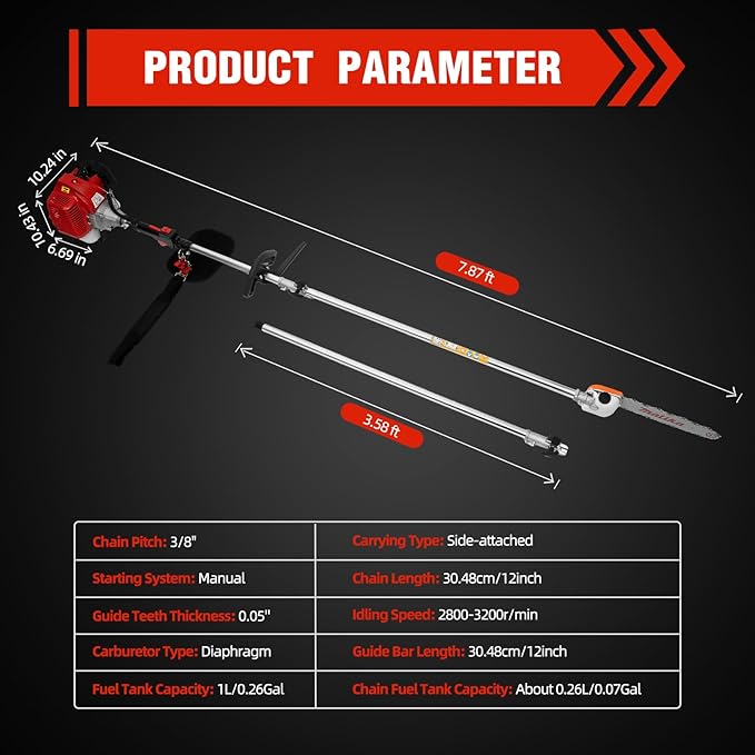 2-Stroke 43CC Gas Trimmer Saw, 12 in Gas Powered Pole Saw Tree Trimmer Chainsaw Side-attached Branch Cutter Split Shaft Pruner Trimmer with Extension Pole for Agriculture, Gardening