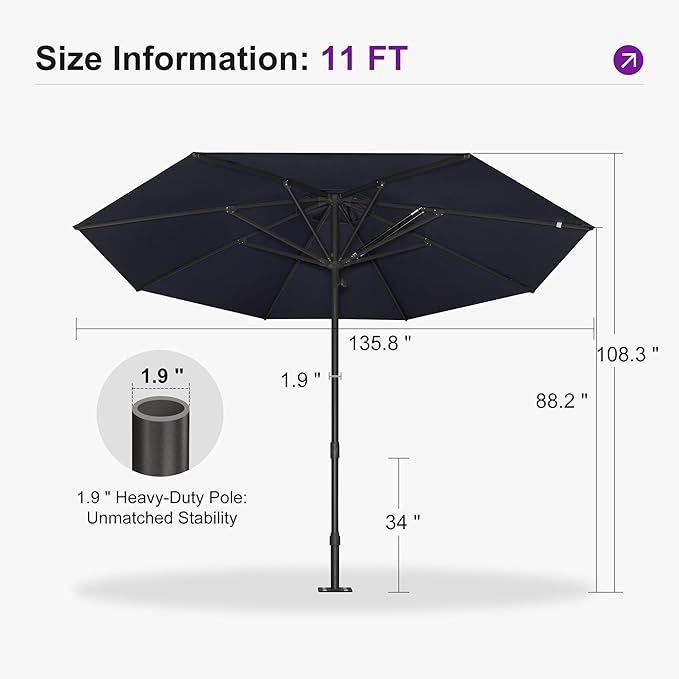 PURPLE LEAF 11Ft Round Semi-Auto Outdoor Patio Umbrella Aluminium Market Umbrella Table Sun Umbrella with 1.89" Rod and 8 Sturdy Ribs for Deck Lawn Pool Garden, Navy Blue