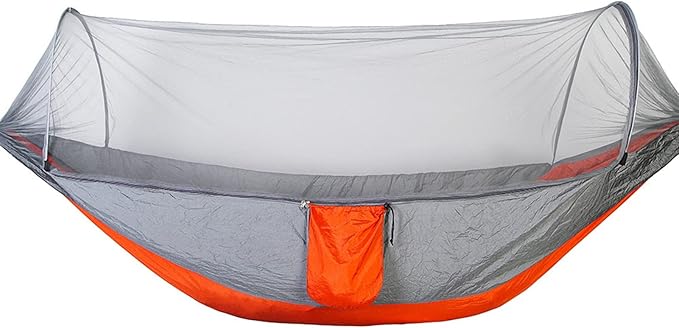 Outdoor Automatic Hammock with Mosquito Net Nylon Portable Lightweight Double Hammock for Camping with 2m Tree Straps Grey Orange 9.5'x4.5'
