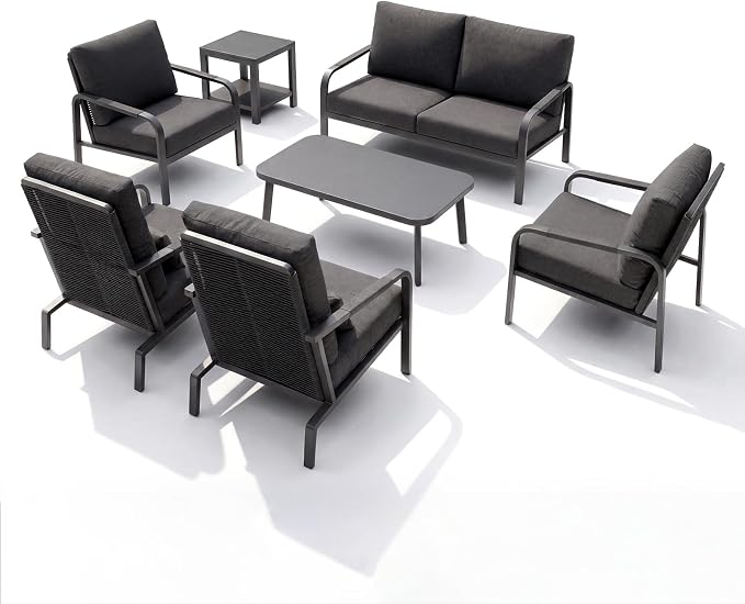 7 Piece Aluminum Patio Furniture Set, Outdoor Conversation Set with 3-Seat Sofa, 4 Chairs & 2 Coffee Tables, Cushioned Patio Seating for Backyard, Garden, Balcony, Grey