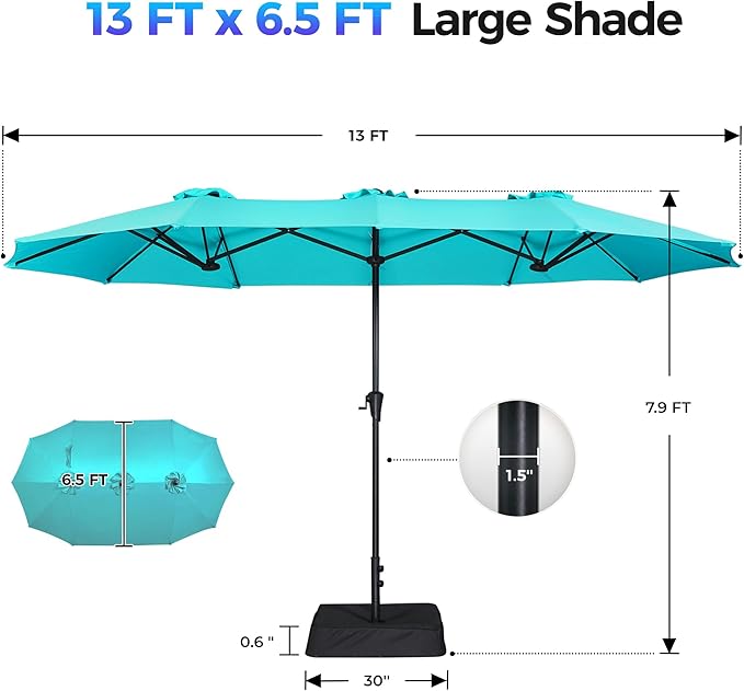 SUPERJARE 13FT Outdoor Patio Umbrella with Base Included, Double Sided Pool Umbrellas with Fade Resistant Canopy, Large Table Umbrella for Deck, Market, Backyard - Light Blue