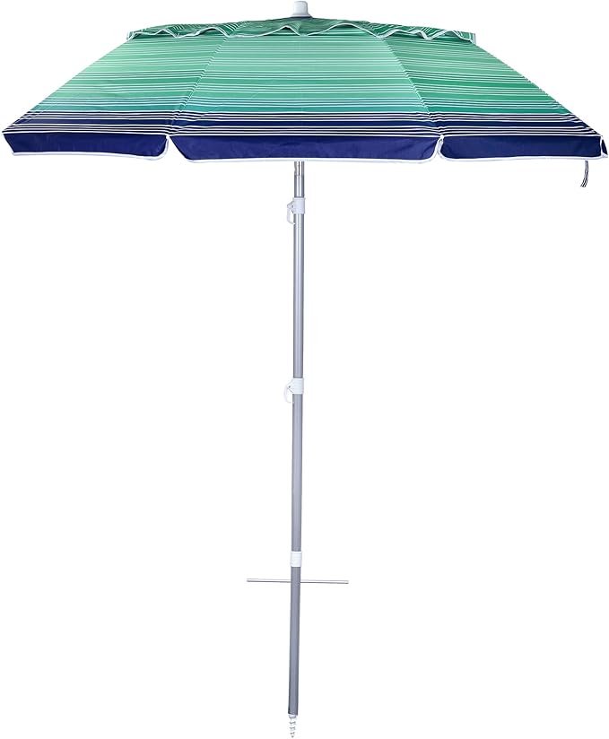 6.5ft folded Portable beach umbrella with sand anchor windproof, Push Button Tilt and Air vent UPF 50+ Protection Fits in a large Suitcase for Patio Garden Beach Pool Backyard, Blue Multi Stripe CA-1902