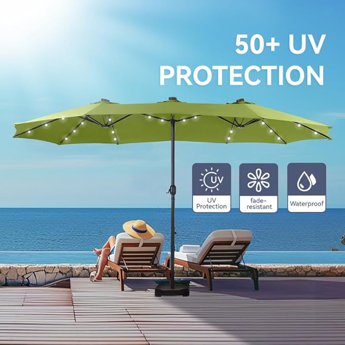 GREEN PARTY 15 ft Large Outdoor Patio Umbrella with Solar Led Lights & Base Included, Double-Sided Rectangular Table Umbrella with Stand, Market Umbrellas for Deck Poolside Garden Backyard, Lime Green