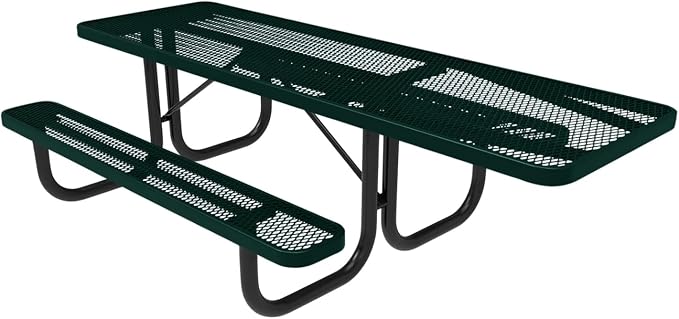 Coated Outdoor Furniture Heavy-Duty Portable ADA-Compliant Outdoor Picnic Table, Expanded Metal Patio Dining Furniture Made in America (8ft Rectangular, One-Side Handicap, Textured Dark Green)