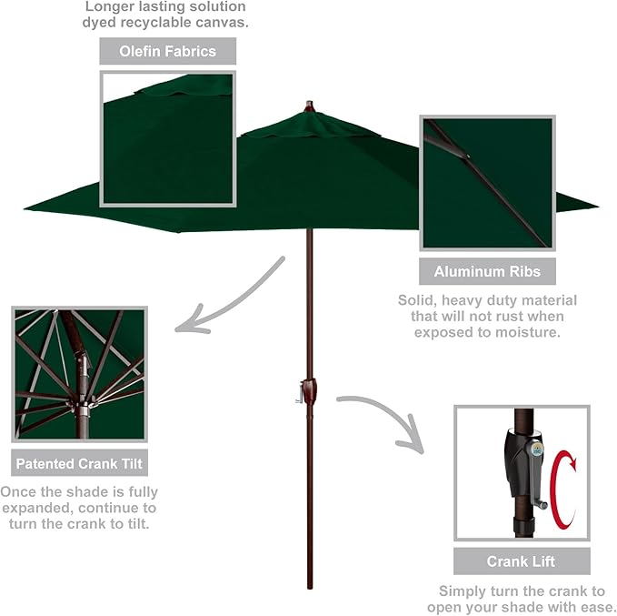 California Umbrella 9' Round Aluminum Outdoor Deck, Pool or Patio Umbrella, Crank Lift, Auto Tilt, Bronze Pole, Hunter Green Olefin