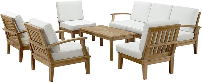 Modway Marina Premium Grade A Teak Wood 8-Piece Outdoor Patio Furniture Set in Natural White