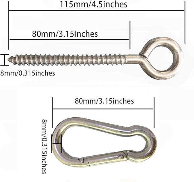Hammock Hanging Kit, stainless steel hammock hardware by Load Capacity 1300lbs Hammock Eye Hook screws & Carabiners for Hanging Swing, Hammock, Tree, Indoor & Outdoor