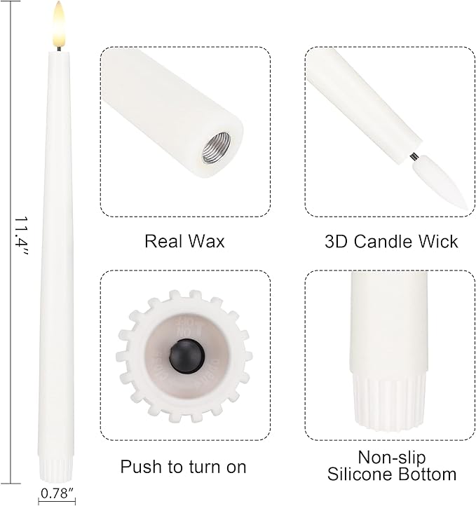 Flameless Taper Candles with 3D Wick, 11.4" Real Wax LED Candles with Remote and Timer, 6 Pack Flickering Candlesticks Battery Operated (White)
