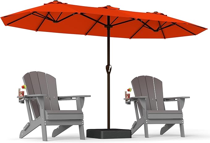 PatioKingdom 15FT Large Patio Umbrella with Base, Double Sided Rectangular Outdoor Umbrella with Sturdy Fiberglass Ribs, Market Umbrella for Pool,Garden,Backyard,Deck (Orange, 15FT)