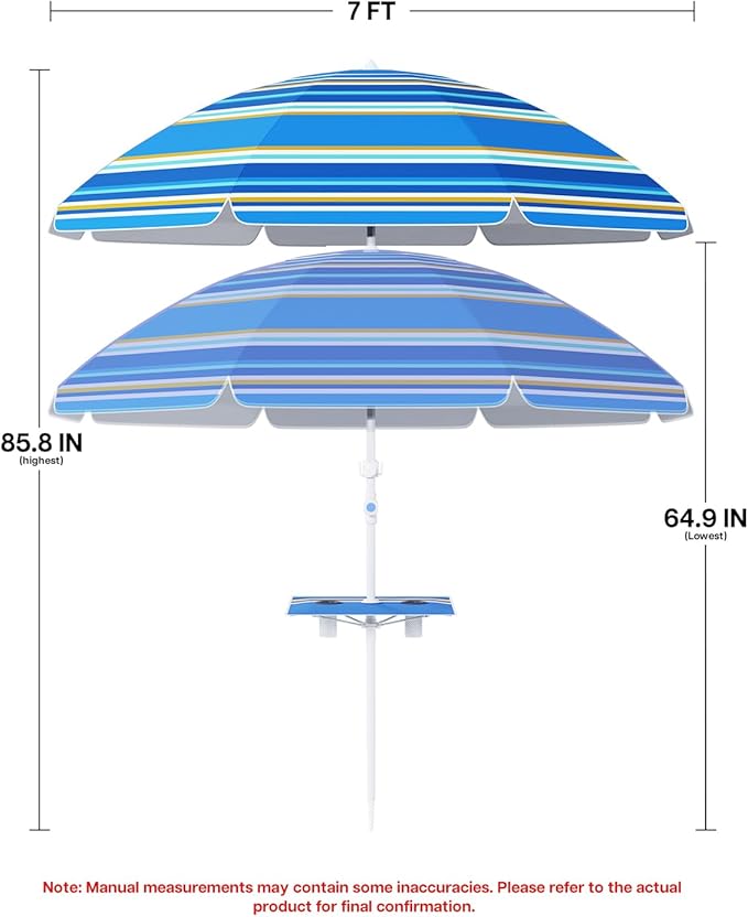 paramondo 7ft Beach Umbrella with Sand Anchor Air Vent Push Button Tilt and Crank, Portable Sunshade Outdoor Patio Umbrella with 8 Sturdy Ribs for Garden, Deck, Backyard, Pool and Beach