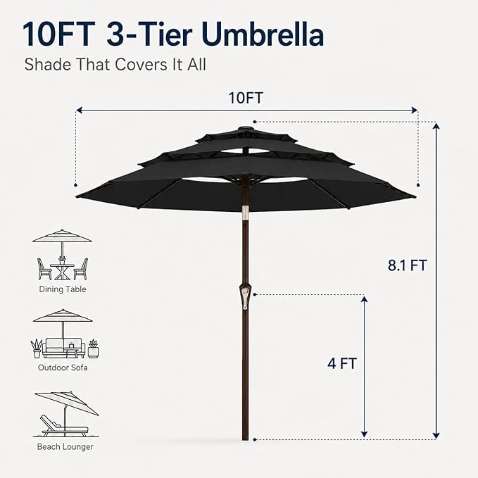 10ft Patio Umbrella, 3-Tier Vented Outdoor Table Umbrella with 8 Sturdy Fiberglass Ribs, Windproof Market Umbrella with Push Button Tilt and Crank, UV Protection for Deck, Pool, Black