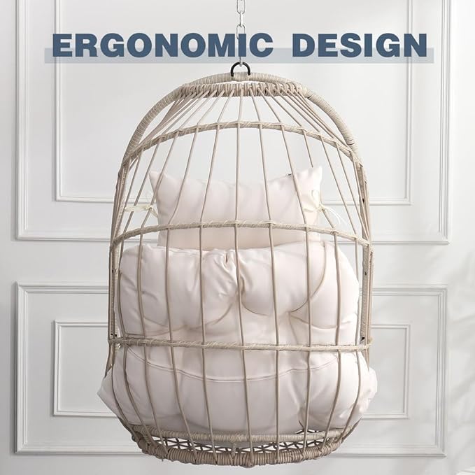 Hanging Egg Chair Without Stand – Foldable Rattan Wicker Swing Chair with Cushion & Headrest, 350lbs Capacity, Ceiling/Tree Mount Kit Included for Indoor Outdoor Use,White
