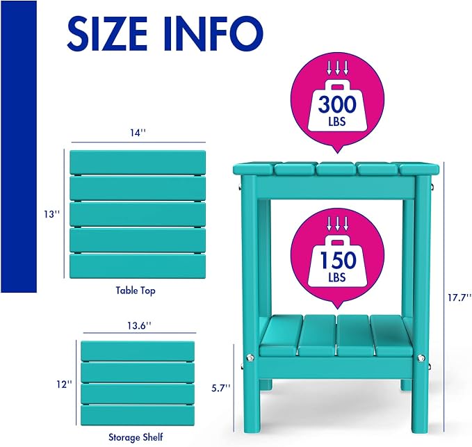 BRIOPAWS Outdoor-Side-Tables | Set of 2 | Small | HDPE Plastic | Patio End-Table | 2-Shelf Adirondack Outside Tables | All Weather | for Poolside Front Porch Indoor Living Room | 14" x 13" | Aqua