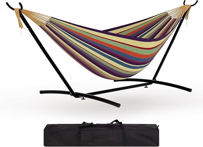 IDEALHOUSE Double 2 Person Hammock with Space Saving Steel Stand, Carry Bag, 450lbs Weight Capacity, Indoor Outdoor for Garden Camping & Beach, Yellow Rainbow Stripes