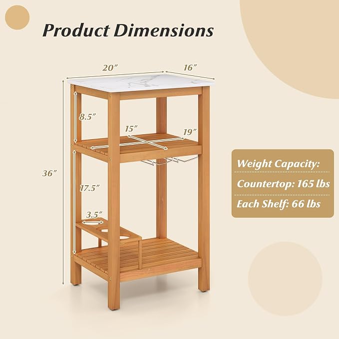 Goplus Outdoor Side Table, 3-Tier Acacia Wood Bar Table w/Marble-Like Countertop, 2 Slatted Shelves, Glass & Wine Holders, Small Buffet Sideboard & Corner End Table for Patio, Deck or Indoor