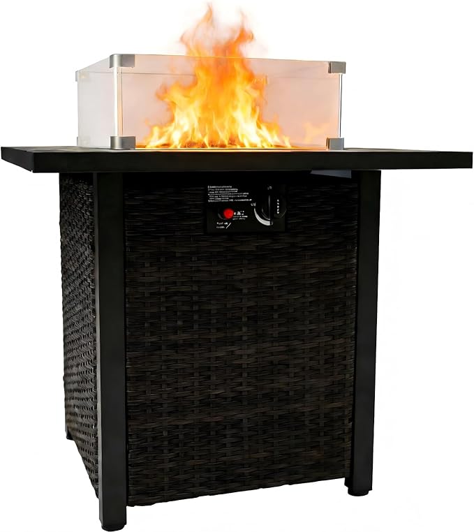 Propane Outdoor Fire Pit Table, 28" Rattan Square Fire Pit Table, Outdoor Gas FirePit W/Glass Wind Guard, Fire Pit Table top With Lid, CSA Listed, 50,000 BTU, Outside Patio Deck & Garden, Black