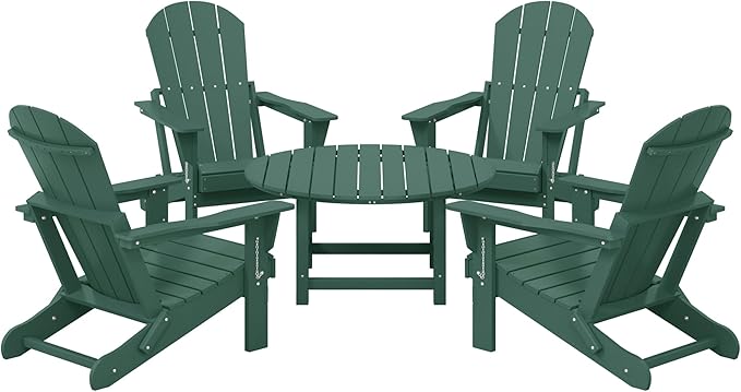 Costaelm Patio Conversation Set, 5 Piece Balcony Furniture, Small Patio Firepit Furniture Outdoor Adirondack Round Coffee Table and Chair for Backyard Lawn Porch Pool Garden, Dark Green