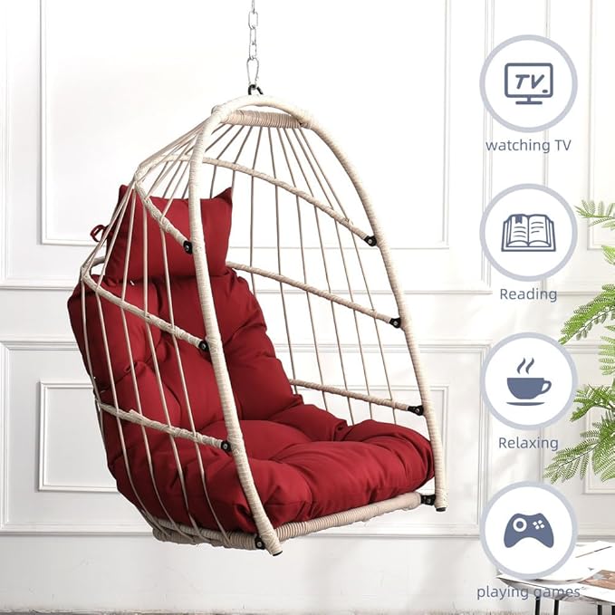Hanging Egg Chair Without Stand – Foldable Rattan Wicker Swing Chair with Cushion & Headrest, 350lbs Capacity, Ceiling/Tree Mount Kit Included for Indoor Outdoor Use,Red