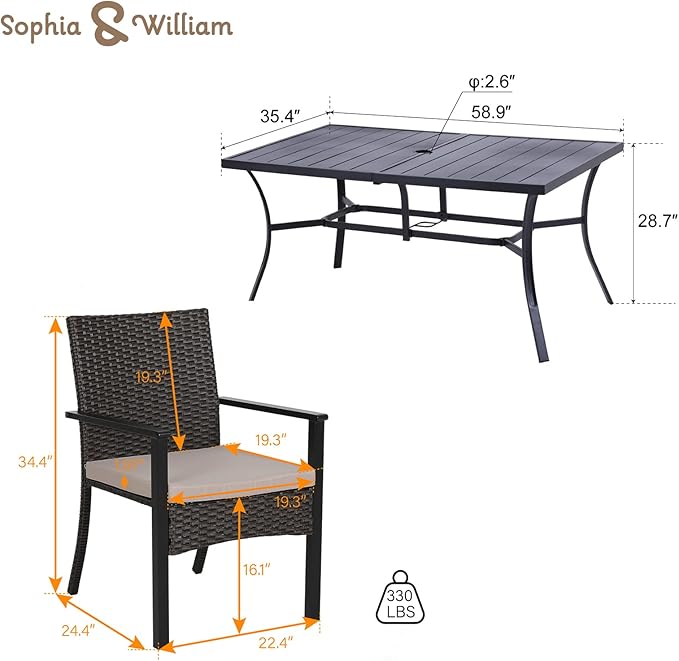 Sophia & William 7 Pieces Patio Dining Set for 6 People, Metal Patio Table and Rattan Chairs Set, Rectangular Outdoor Table and Wicker Chairs with 1.57"-1.9" Adjustable Umbrella Hole, Seat Cushion