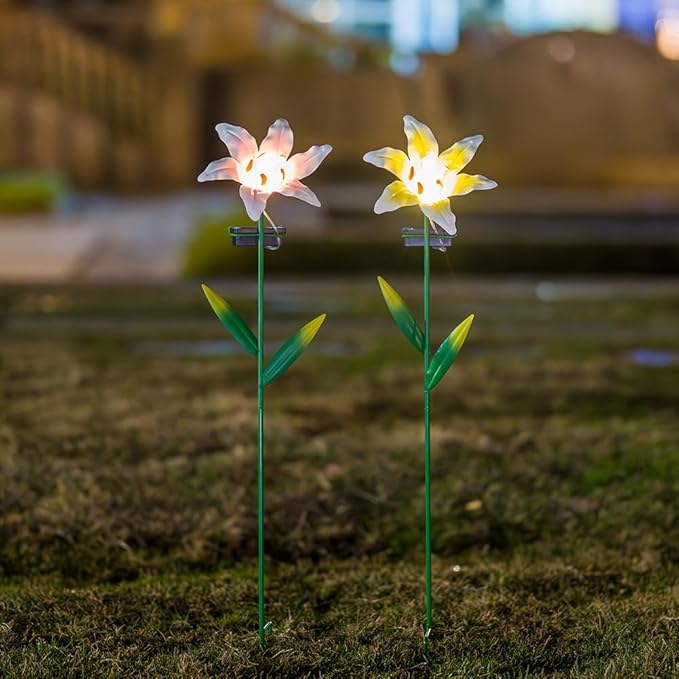 Solar Garden Lights Outdoor,2 Pack Lily Flowes Solar Garden Lights,Waterproof Decorative Metal Flowers Lights for Outside Lawn Patio Pathway