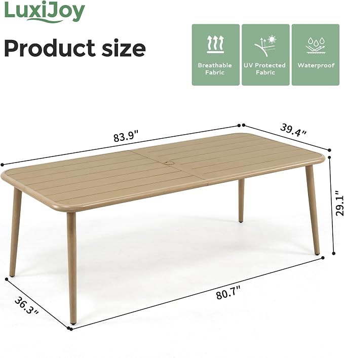 Outdoor Dining Table for 8, Large Rectangular Aluminum Patio Table with Umbrella Hole, 8-Person Rustproof Wood-Like Aluminum Dining Table for Lawn Garden Backyard
