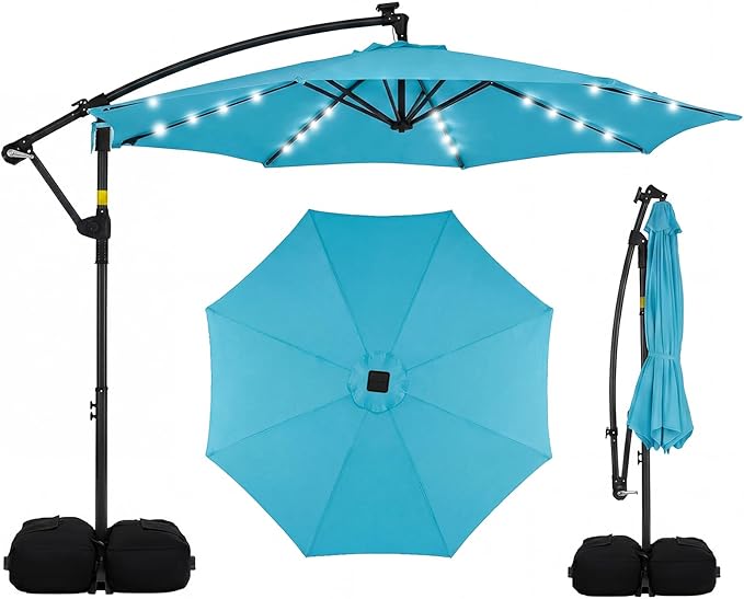 Tangkula 10ft Solar Patio Umbrella with Base Included, Offset Cantilever Outdoor Umbrella with 32 LED Lights, 360 Degree Rotation, Crank Handle for Pool Deck Garden Backyard (Turquoise)