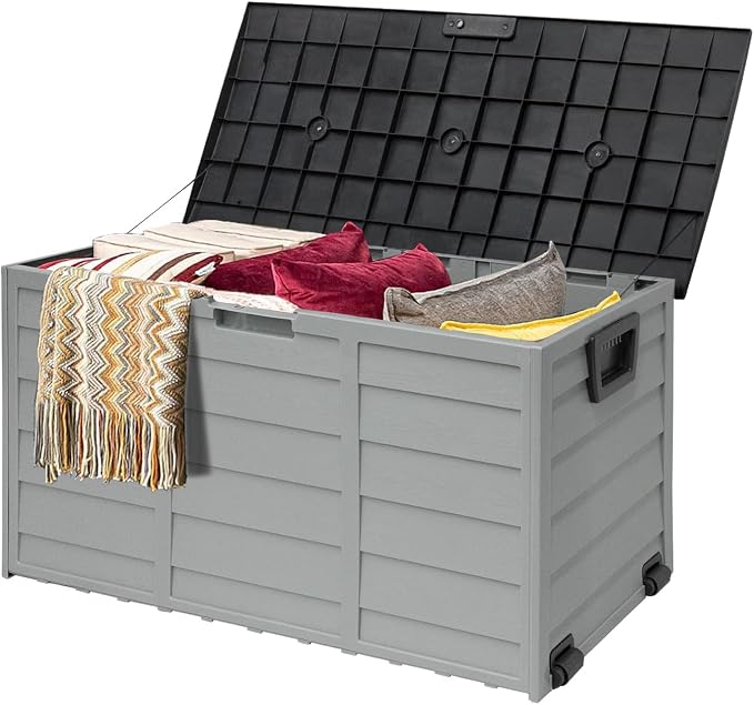 CrownLand 75 Gallon Outdoor Storage Deck Box Upgraded Patio Sun-proof Woodgrain Patio Storage Box for Patio, Garden, Balcony(Grey), Gray