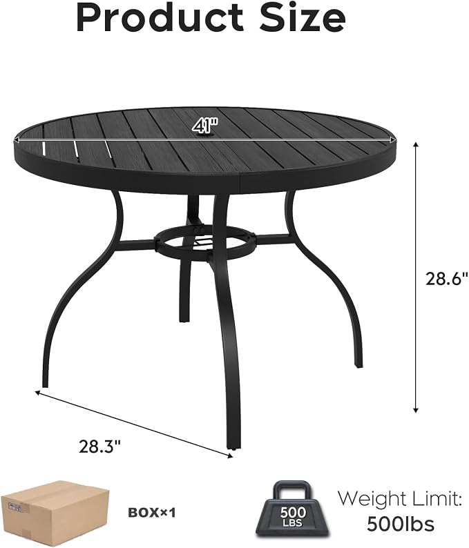 41” Patio Outdoor Dining Table, Wood-Grain Patio Round Table with Umbrella Hole, All-Weather Metal Dining Table for Party, Lawn & Garden