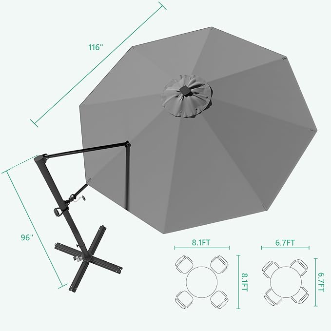 Greesum 10FT Outdoor Patio Umbrella with High Pedel and 4 Gear Heights, Large Offset Market Umbrella with 360-degree Rotation, Without Base, Hanging Outdoor Shade for Garden, Lawn, Pool, Gray