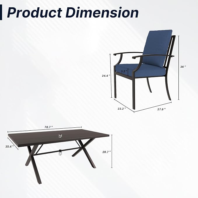 9 PCS Outdoor Patio Dining Set,Patio Table and Chairs Metal Outdoor Patio Furniture Set with Umbrella Hole,Dining Table Set with 8 Chairs for Deck,Backyard and Garden,Navy Blue