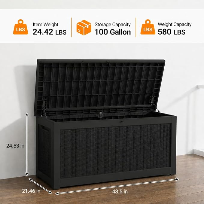 LAUSAINT HOME 100 Gallon Outdoor Deck Box, Waterproof Resin Storage Box with Lock, Patio Cushion Storage, Garden Tool Organizer, Pool Storage Container, Outdoor Storage Bench, Black