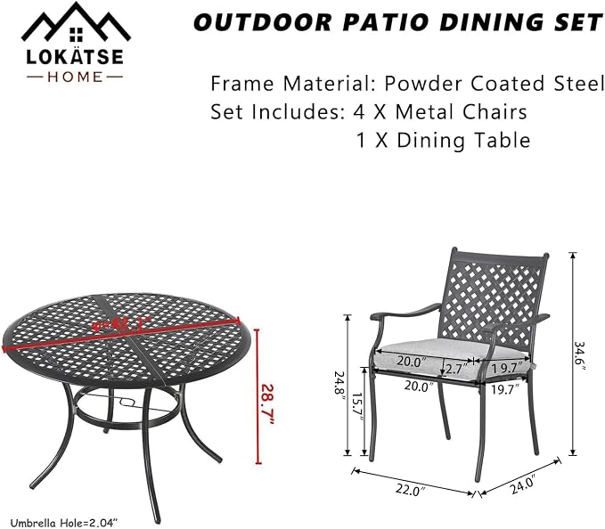 LOKATSE HOME 5-Piece Outdoor Patio Metal Dining Set with Iron Armrest Cushioned Chairs and Steel Round Table with Umbrella Hole, Grey Dining Set