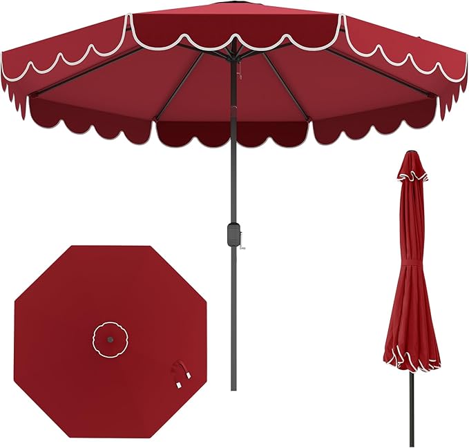 HAPPYGRILL 10 FT Patio Umbrella, Market Table Umbrella w/Crank, Push Button Tilt, Ruffled Edges, Vented Top & 8 Ribs, Outdoor Sun Shade for Poolside Backyard Beach