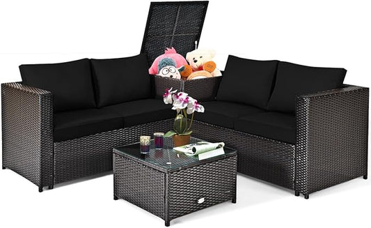 Tangkula 4 Piece Wicker Patio Set with Storage, All Weather-Proof Outdoor Conversation Set with Loveseat, Glass Top Coffee Table & Storage Box, Suitable for Garden, Poolside, Sunroom (1, Black)